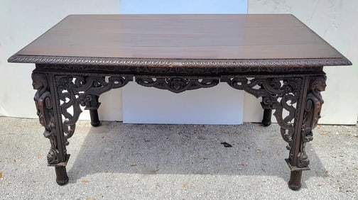 Large Carved Figural Desk American Victorian Or Continental Beaux Arts Female Columns Face Crests