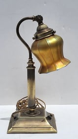 Quezal Aurene To Marigold Art Glass Shade On Adjustable Fluted Column Brass Desk Lamp Base Possibly