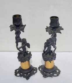 Pair Of Vintage Or Post Pre War French Continental 8/75 Inch Bronze Cherub Candlesticks Candelabras