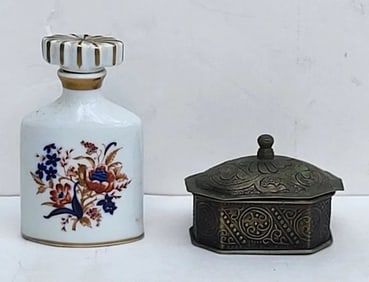 Antique Miniature Engraved Repousse Brass Or Alloy Metal Dresser Box Plus Porcelain Portugal