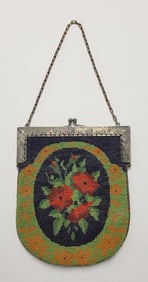 Large Antique Beaded Handbag Silver Metal Clasp Floral 9 X 7.2 X 0.6 Inches Overall Excluding Chain