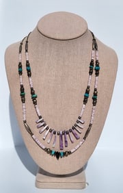 Vintage Native American Silver Double Strand Turquoise Possibly Abalone Beaded 15 Inch Necklace 39g