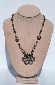 Native American Silver Necklace With Turquoise Brooch 28 Inches 1.75 Inch Diameter Pin 1.9Tozt