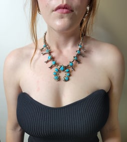 Native American Turquoise Silver Squash Blossom Necklace 18 Inches 1.55Tozt