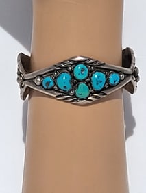 Native American Turquoise Silver Cuff Bracelet Possibly Signed 1.8 X 2.3 Inch Interior Diameter