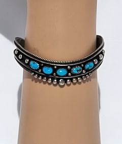 Native American Turquoise Silver Cuff Bracelet Possibly Signed 1.8 X 2.3 Inch Interior Diameter