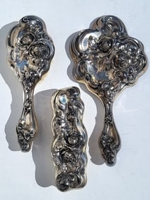 Antique International Sterling Silver Repousse Rose 3 Pc Vanity Set Mirror Hair Clothes Brush 10.9