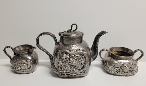 Antique Signed Chinese High Relief Solid Silver 25ozt Dragon Tea Set Hand Hammered Tea Pot 5.25in x