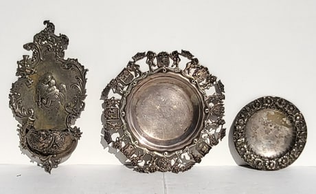 Lot 3 Solid Silver 18.7ozt Repousse Or Reticulated Hollowware Bogota Colombia Police Acadamy 1963