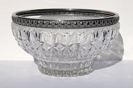 Italian Large Old Silver Metal Mounted Pressed Glass Heavy Centerpiece Bowl Signed 5.8 X 11.5 Inches