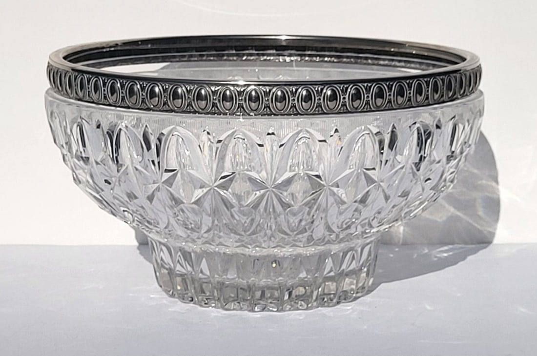 Italian Large Old Silver Metal Mounted Pressed Glass Heavy Centerpiece Bowl Signed 5.8 X 11.5 Inches: Italian Large Old Silver Metal Mounted Pressed Glass Heavy Centerpiece Bowl Signed 5.8 X 11.5 Inches, metal rim has the hallmark, likely silverplate, of a crown over ITALY over what appears to be a sh