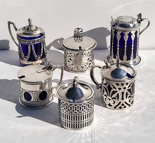 Lot 5 Sterling Silver British And American 9.5ozt Mustard Pots Plus An Illegibly Marked Pot And 2
