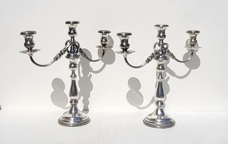 Pair Sterling Silver Weighted 3 Light Candelabrum By Amston 14 Inches