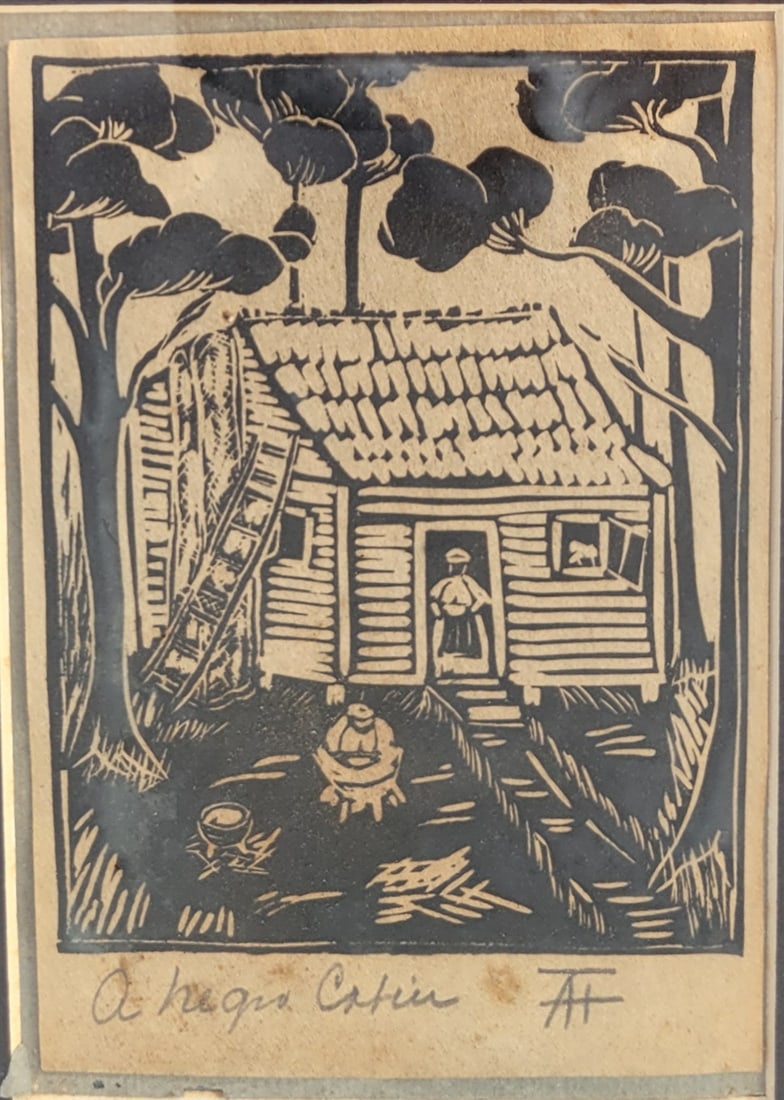 Charleston Anna Heyward Taylor Negro Cabin Woodcut African American Subject South Carolina Artist 5: Charleston Anna Heyward Taylor Negro Cabin Woodcut African American Subject South Carolina Artist 5.4 X 4.2 Inch Plate Arts And Crafts Movement, signed with a pencil monogram and titled A Negro Cabin