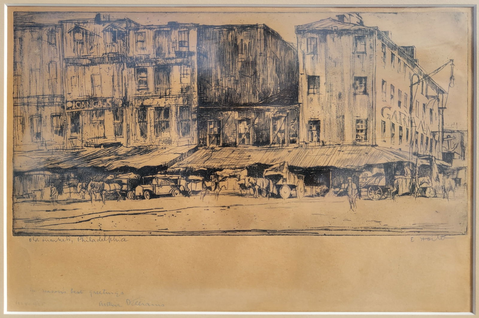 Earl Horter Etching Philadelphia Old Markets 1920s Dedication 5 X 10 Inch Plate: Earl Horter Etching Philadelphia Old Markets 1920s Dedication 5 X 10 Inch Plate, signed and titled in pencil, additional dedication inscription far lower left margin, 6.75 X 10.125 inches visible with