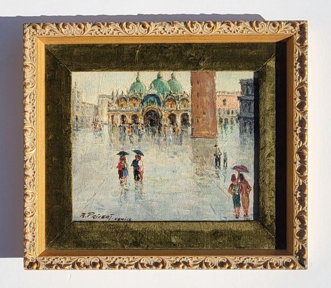 Raphael Pricert Venice Plaza Street Scene Oil 9 X 10.5 Inches: Raphael Pricert Venice Plaza Street Scene Oil 9 X 10.5 Inches, signed and inscribed Venice lower left, 1958 Paris dedication label verso, 13 X 15 X 1.7 inches framed.Provenance: New York City collecti