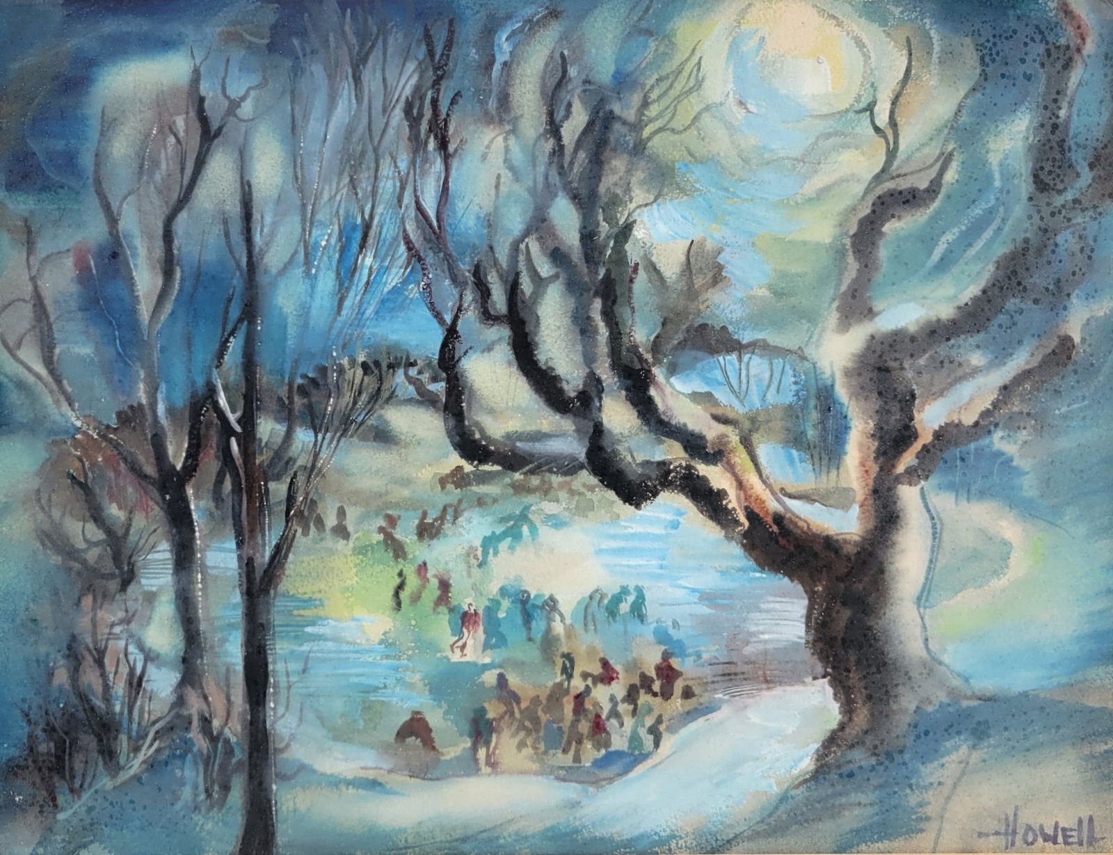 Great Mystery WPA Era Signed Howell Possibly Central Park Manhattan NYC Moonlit ice Skating Landscap (1 of 2)