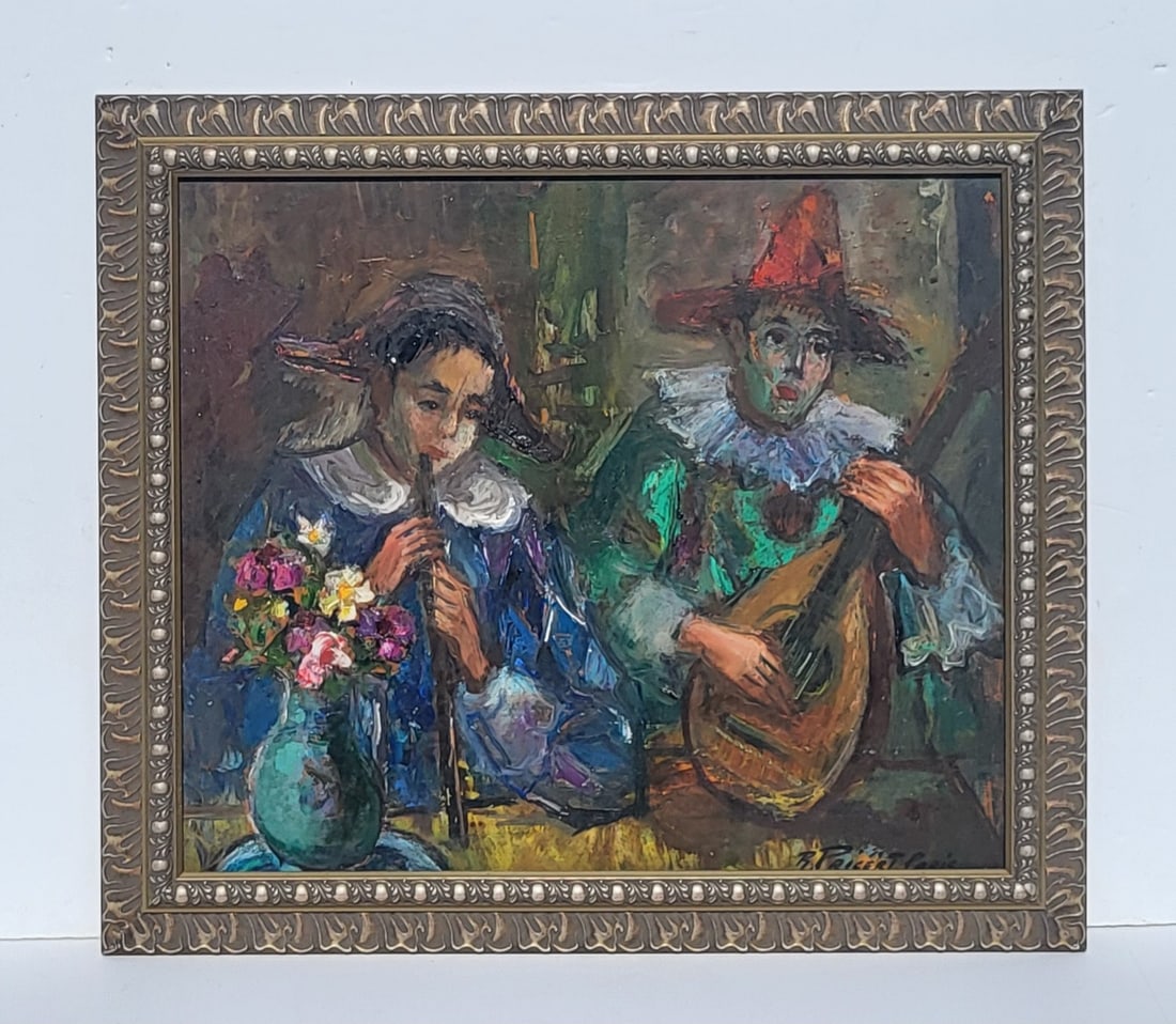 Raphael Pricert Paris Harlequin Clown Concerto Oil 17.75 X 21 Inches: Raphael Pricert Paris Harlequin Clown Concerto Oil 17.75 X 21 Inches, signed and inscribed Paris lower left, 1962 Paris inscription verso, 21.5 X 24.5 X 1 inch framed. Provenance: New York City collec