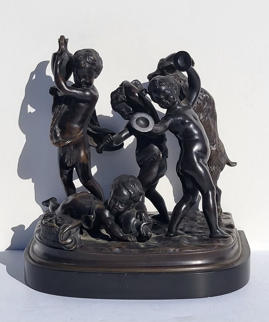 Clodion Bacchanal Bronze French Antique Figure Group Putti Goat Continental 8.25 X 8.25 X 6 Inches O: Clodion Bacchanal Bronze French Antique Figure Group Putti Goat Continental 8.25 X 8.25 X 6 Inches Overall Signed With Marble Plinth Base, circa early 20C and bearing signature Glodion, one inch high