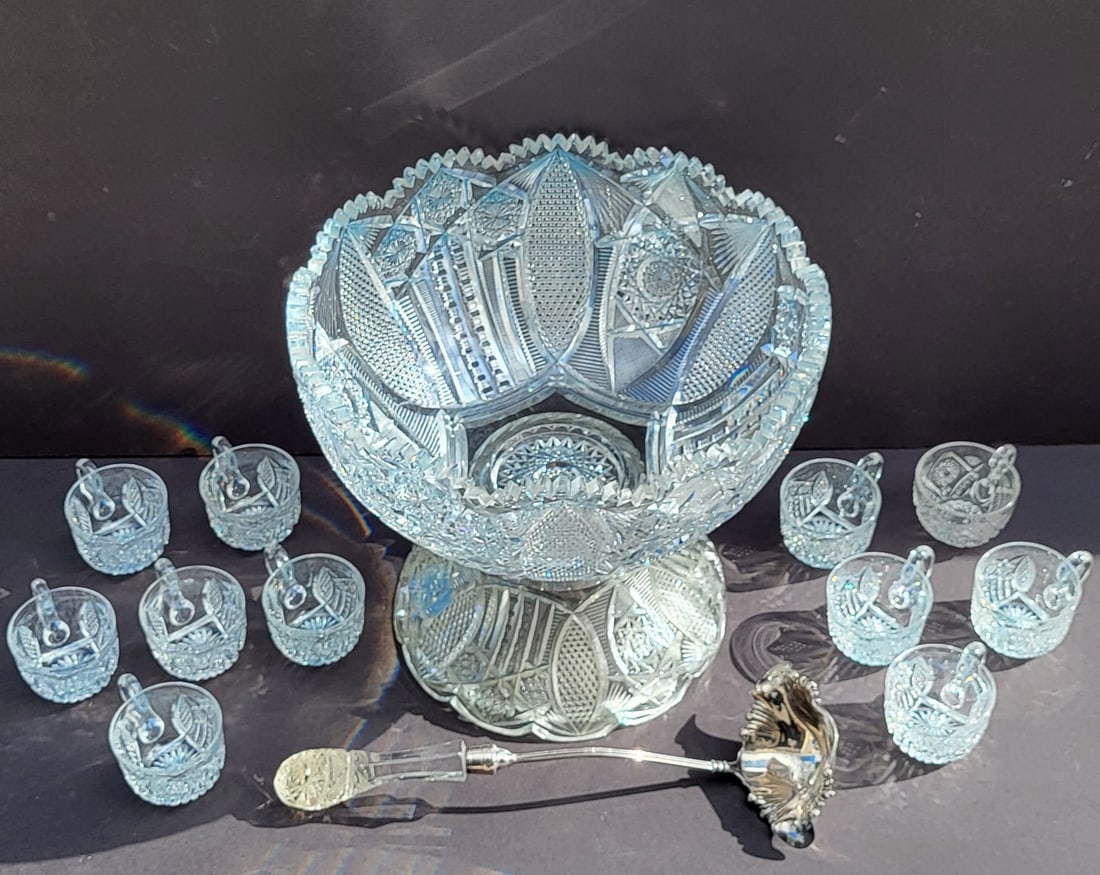 Nice Large Antique ABP Cut Glass Pedestal Punch Bowl With Pairpoint Crystal Handle Ladle And 10 Cups: Nice Large Antique ABP Cut Glass Pedestal Punch Bowl With Pairpoint Crystal Handle Ladle And 10 Cups, bowl and pedestal are two interlocking pieces, 14 inches diameter, base and bowl combined height 1