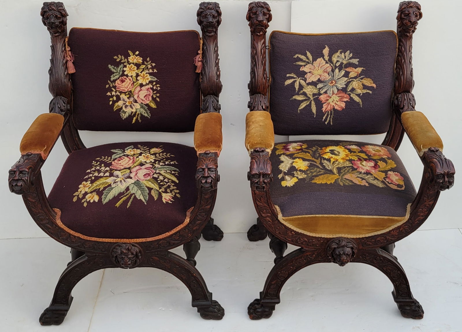 Pair Late Victorian Carved Heads Galore Oak Claw Foot Armchairs With Associated Needlepoint Upholste: Pair Late Victorian Carved Heads Galore Oak Claw Foot Armchairs With Associated Needlepoint Upholstery, nice time capsule old warm finish and old not quite matching upholstery found in all places in a