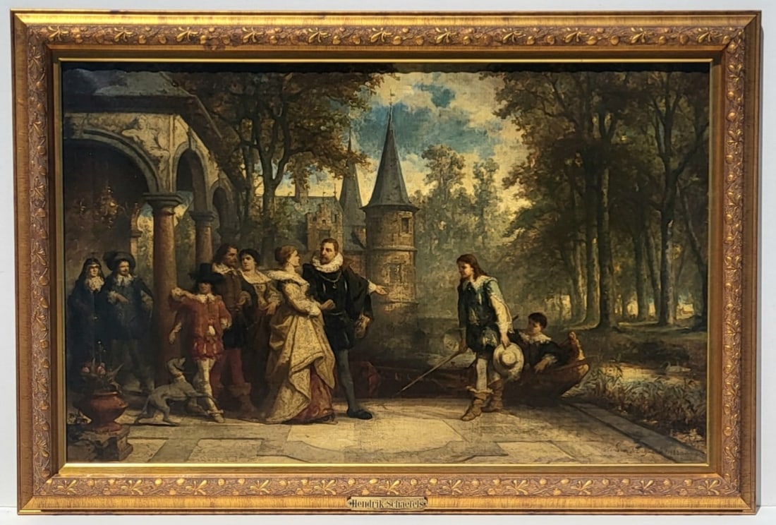 Large Hendrick F Schaefels 1883 Antwerp Baroque Courtyard History Figure Costume Painting Medieval: Large Hendrick F Schaefels 1883 Antwerp Baroque Courtyard History Figure Costume Painting Medieval Architecture Elizabethan Type Scene Oil 29.5 X 47.75 Inches, 36.3 X 54.1 X 2 inches framed overall, o