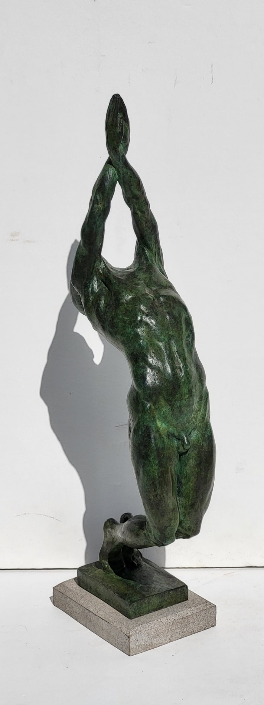 Kate Brockman Bronze Male Nude Athlete Sculpture Signed Statue 17 Inches High Overall: Kate Brockman Bronze Male Nude Athlete Sculpture Signed Statue 17 Inches High Overall, signed Brockman on base, mellow verdigris mossy patina, 10.6 pounds. Provenance: Property of a New York collector