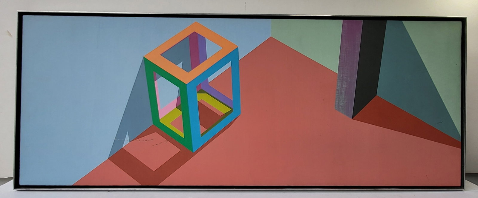 Ronald Davis 1973 Painting 16 X 42 Inches California Modernist With Artist And Hindman Labels: Ronald Davis 1973 Painting 16 X 42 Inches California Modernist With Artist And Hindman Labels Geometric Abstraction, 16.8 X 42.9 X 1.5 inches framed, unsigned on front, signed, dated, numbered 432 and