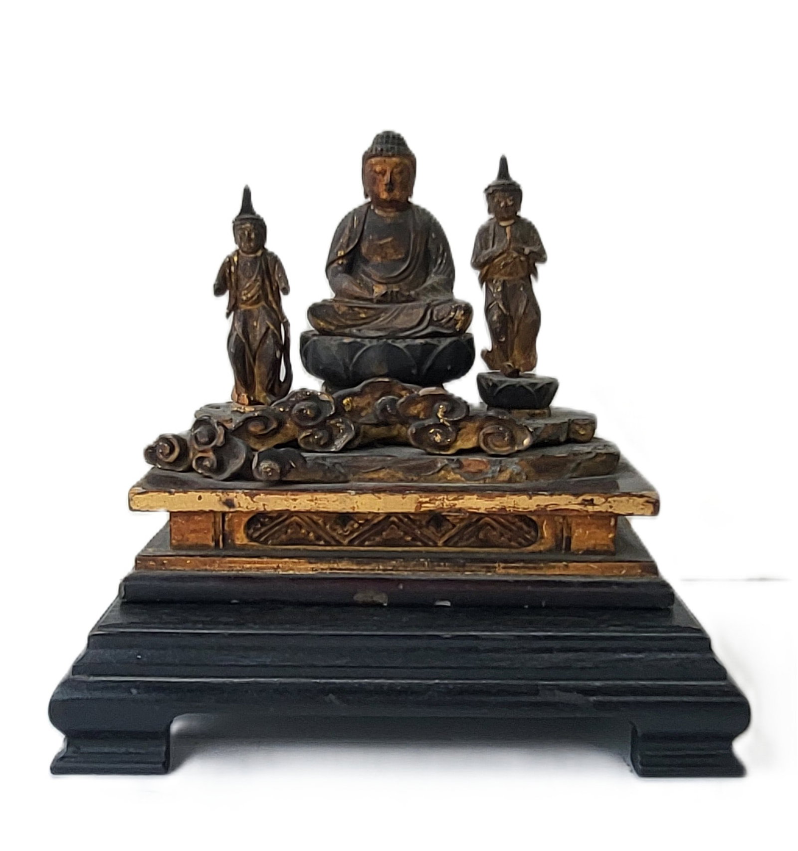 Early Antique Japanese Carved Gilt Wood Shrine With Buddha And Attending Figures 5.5. X 6.6 X 3.625: Early Antique Japanese Carved Gilt Wood Shrine With Buddha And Attending Figures 5.5. X 6.6 X 3.625 Inches Overall With Later Stand, with later 8.5 X 6.2 X 1.7 inch vintage footed altar stand. Provena
