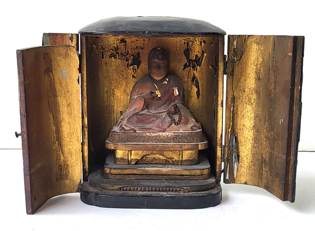 Early Antique Signed Or Inscribed Japanese Carved Gilt Wood Shrine With Seated Buddha Or Priest 5 X: Early Antique Signed Or Inscribed Japanese Carved Gilt Wood Shrine With Seated Buddha Or Priest 5 X 4.25 X 3 Inch Figure, shrine enclosure 7 X 6 X 4.25 inches, inscribed in Japanese calligraphy in ink