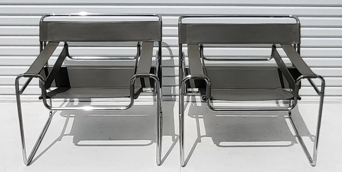 Pair Grey Leather Marcel Breuer Wassily Manner Tubular Chrome MCM Arm Chairs 28.75 X 30.75 X 28 (1 of 8)