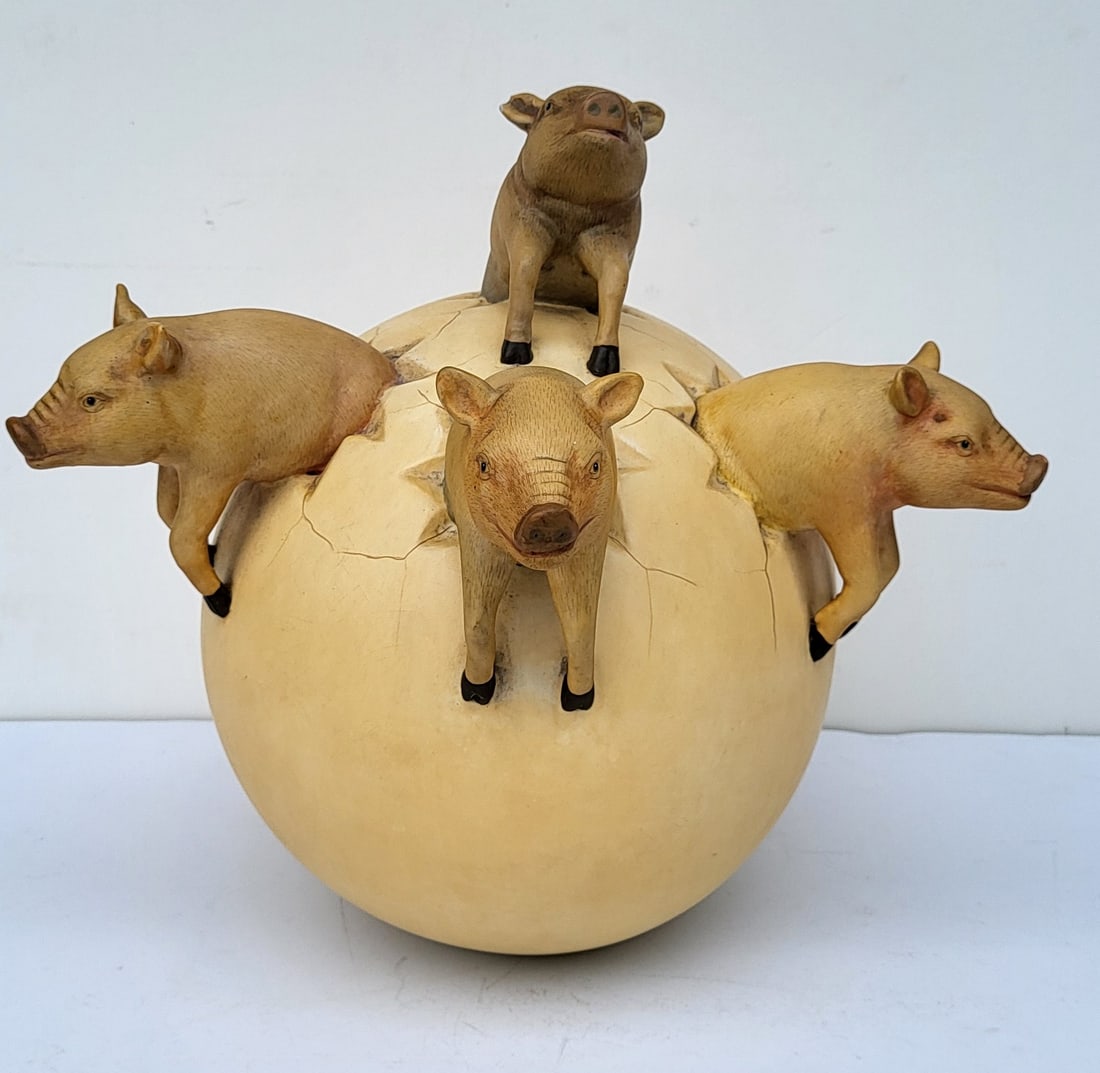 Sergio Bustamante Pigs And Egg Piglet MCM Ceramic Statue Sculpture Figure Group Pop Art 11in x 13in: Sergio Bustamante Pigs And Egg Piglet MCM Ceramic Statue Sculpture Figure Group Pop Art 11in x 13in x 11in. Signed in ink adjacent to a pig, see condition report including for ear flake, crazing and d