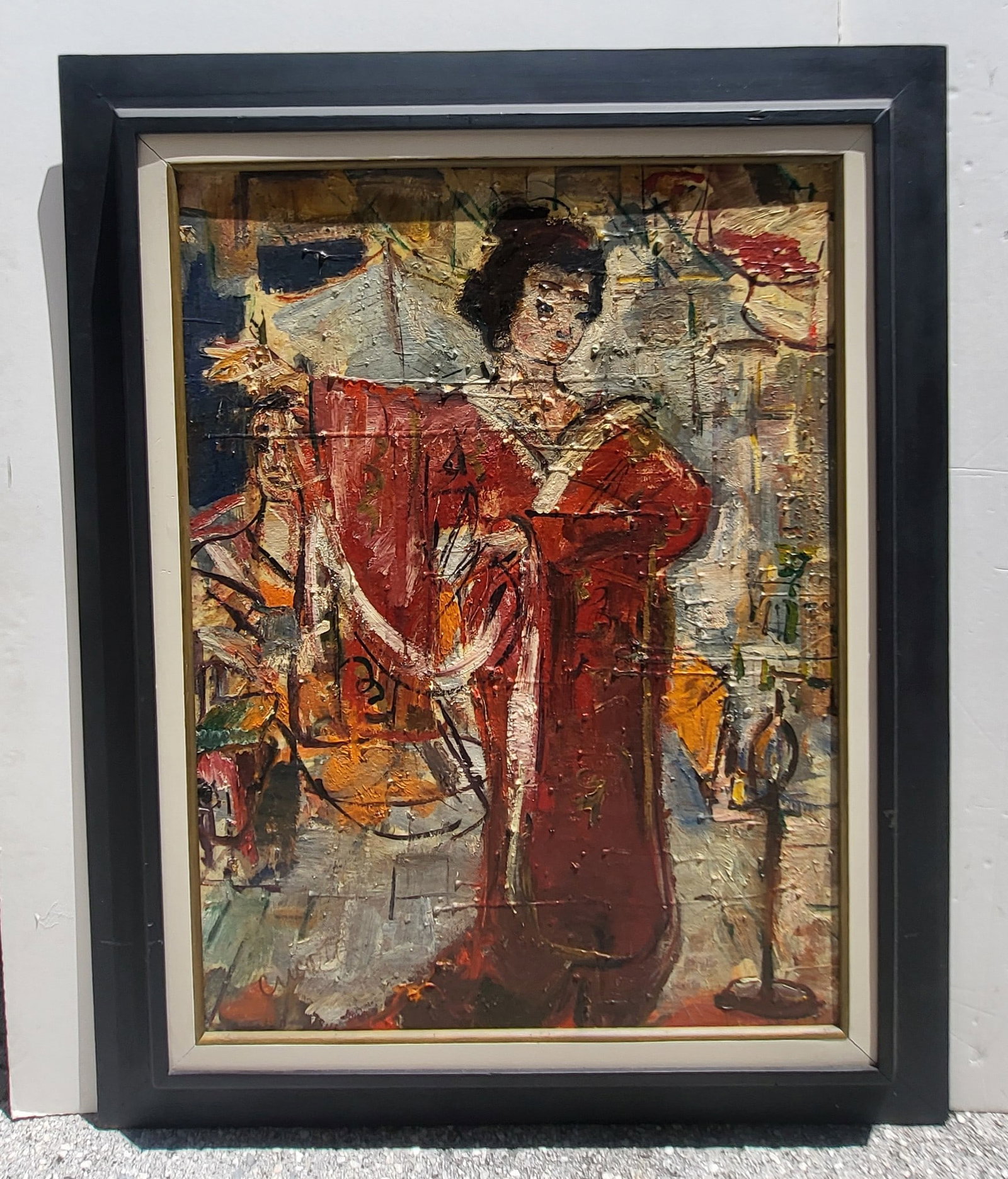 Large Pascal Cucaro San Francisco California Artist Chinatown Or Japan Woman Robe Kimono Standing: Large Pascal Cucaro San Francisco California Artist Chinatown Or Japan Woman Robe Kimono Standing Portrait With Figure And Architectural Genre Oil On Panel 40 X 30 Inches, 50 X 40 X 2 inches framed, s