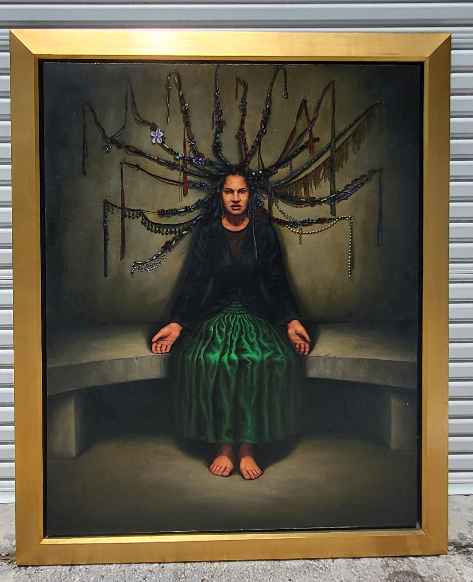 Huge Scott Goodwillie Magic Realist Surrealist Portrait Seated Woman Ornamental Coiffure 60 X 48: Huge Scott Goodwillie Magic Realist Surrealist Portrait Seated Woman Ornamental Coiffure 60 X 48 Inches Signed Oil One of 14 In Sale, 68.75 X 56.6 X 2.5 inches framed, oil on canvas, signed lower righ