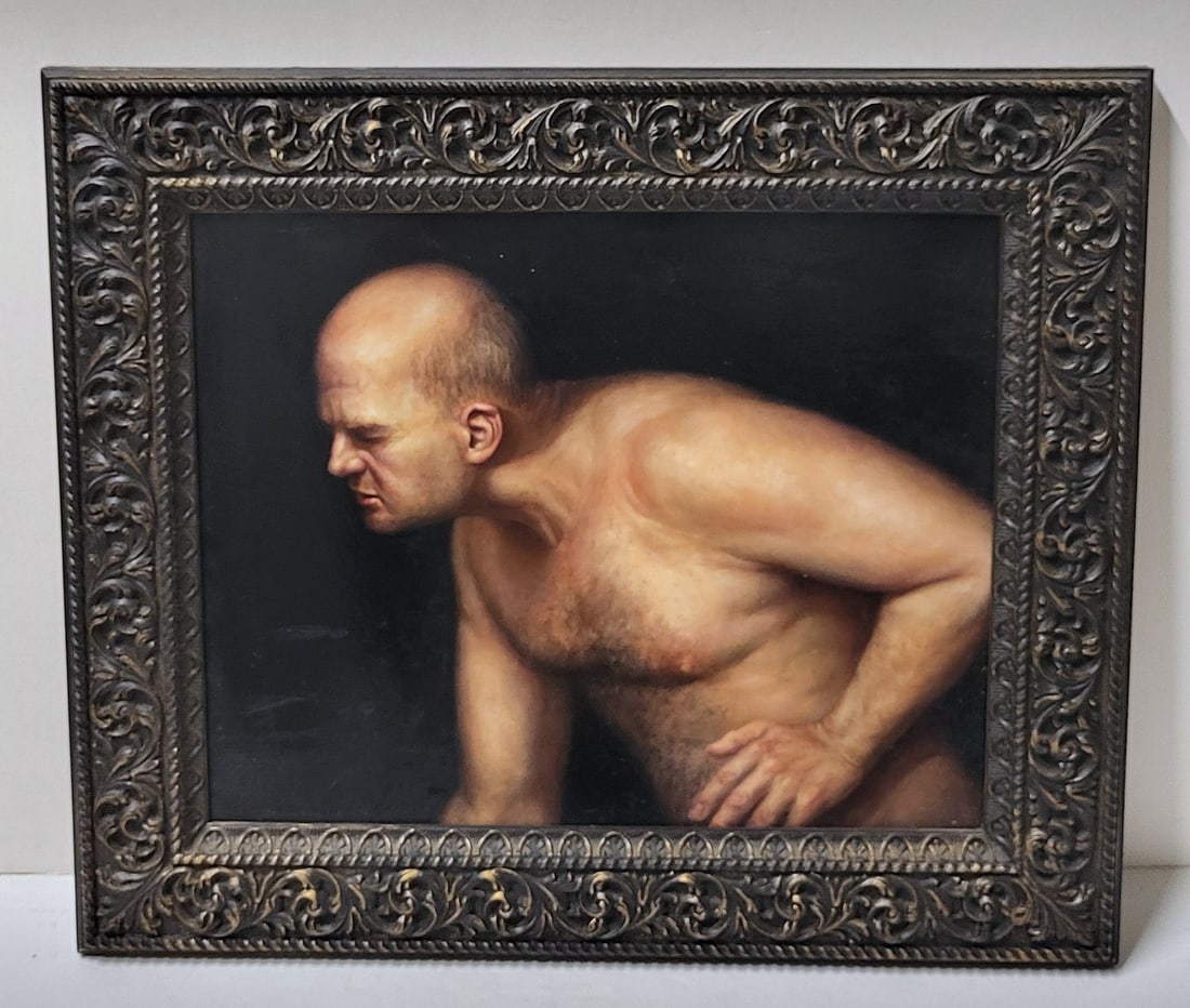 Scott Goodwillie Magic Realist Surrealist Portrait Male Nude Pose Of Concentration 16 X 20 Inches: Scott Goodwillie Magic Realist Surrealist Portrait Male Nude Pose Of Concentration 16 X 20 Inches Signed Oil One Of 14 In Sale, 22 X 26 X 1.2 inches framed in lightweight decor plastic molding, oil on