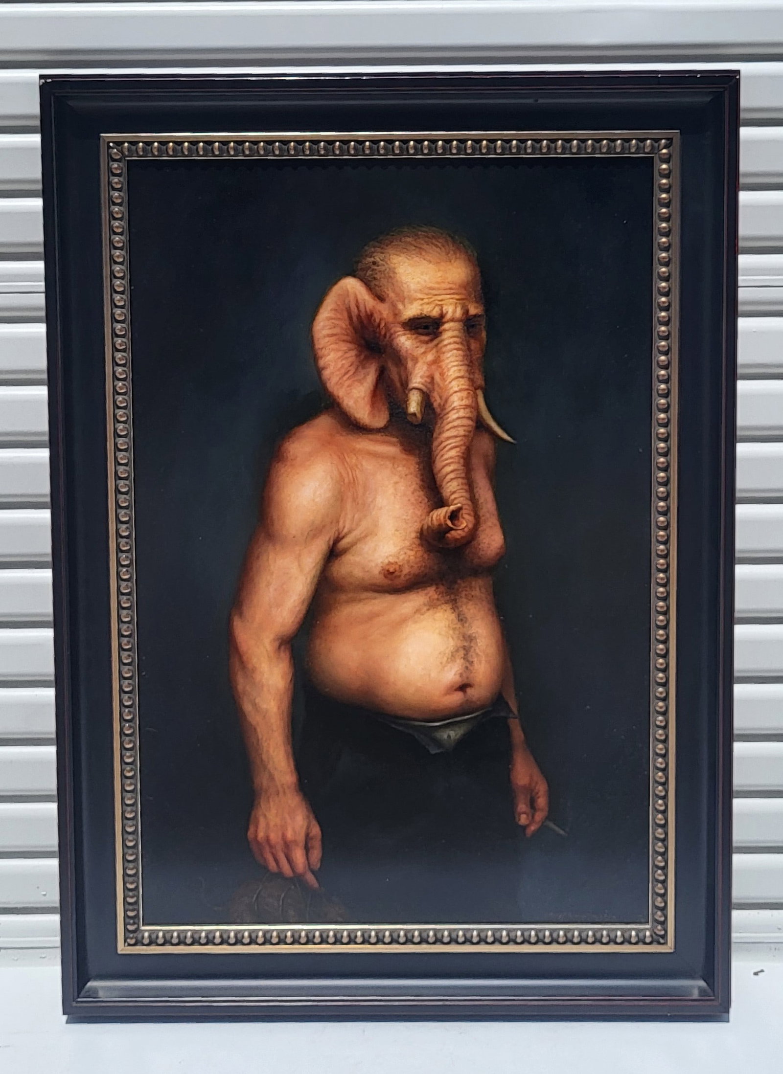 Scott Goodwillie 2006 Ganesh Inspired Portrait Smoking Cigarette With Roped Pest or Pet Allan Stone: Scott Goodwillie 2006 Ganesh Inspired Portrait Smoking Cigarette With Roped Pest or Pet Allan Stone Gallery NY Label 36 X 24 Inches Signed Oil Magic Realist Surrealist One of 14 In Sale, 43 X 31 X 2 i