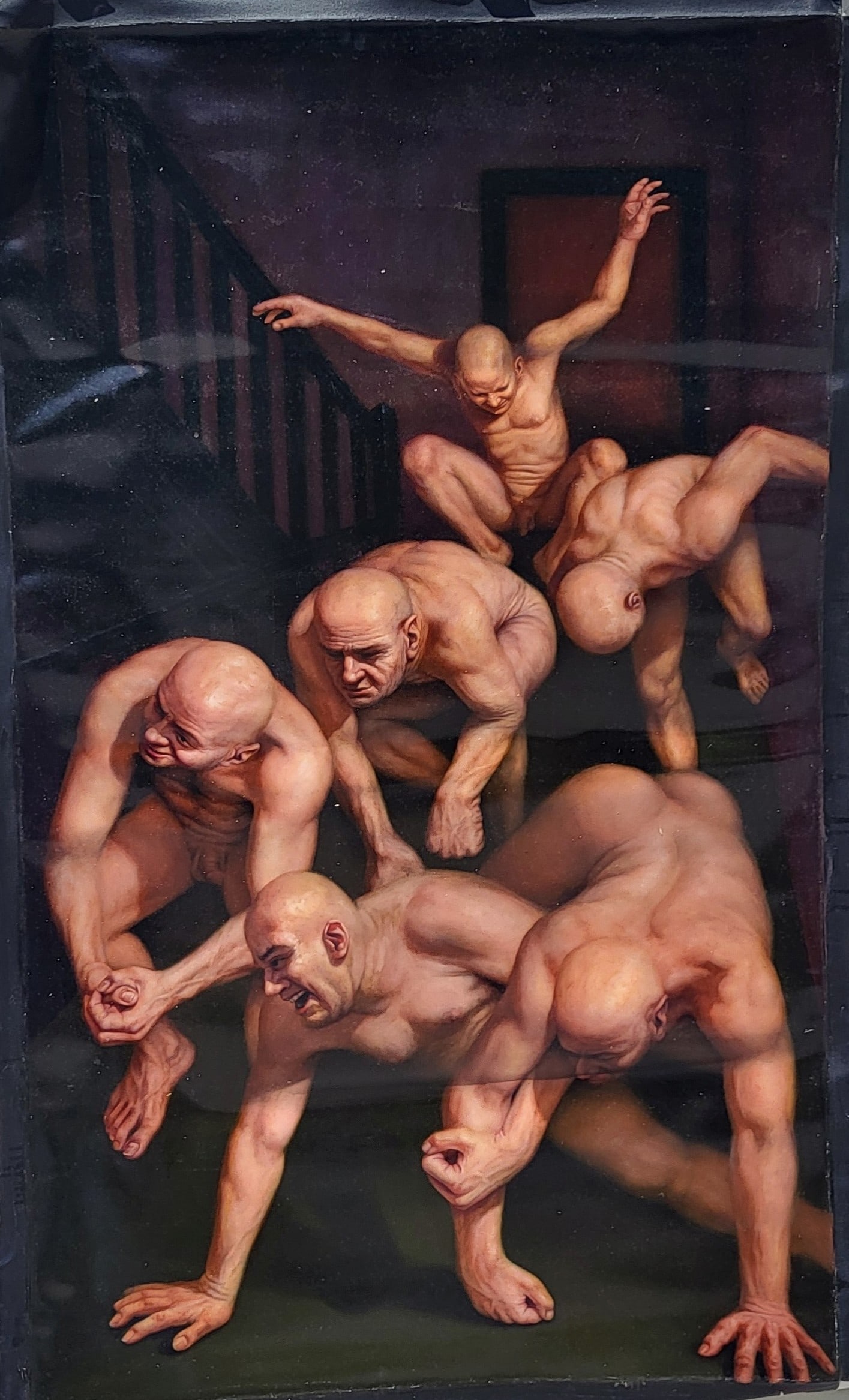 Very Large Scott Goodwillie Magic Realist Surrealist Unstretched Portrait Nude Writhing Men In: Very Large Scott Goodwillie Magic Realist Surrealist Unstretched Portrait Nude Writhing Men In Staircase 58 X 36 Inches Oil One of 14 In Sale, approximate image 58 X 36 inches, oil on unstretched canv
