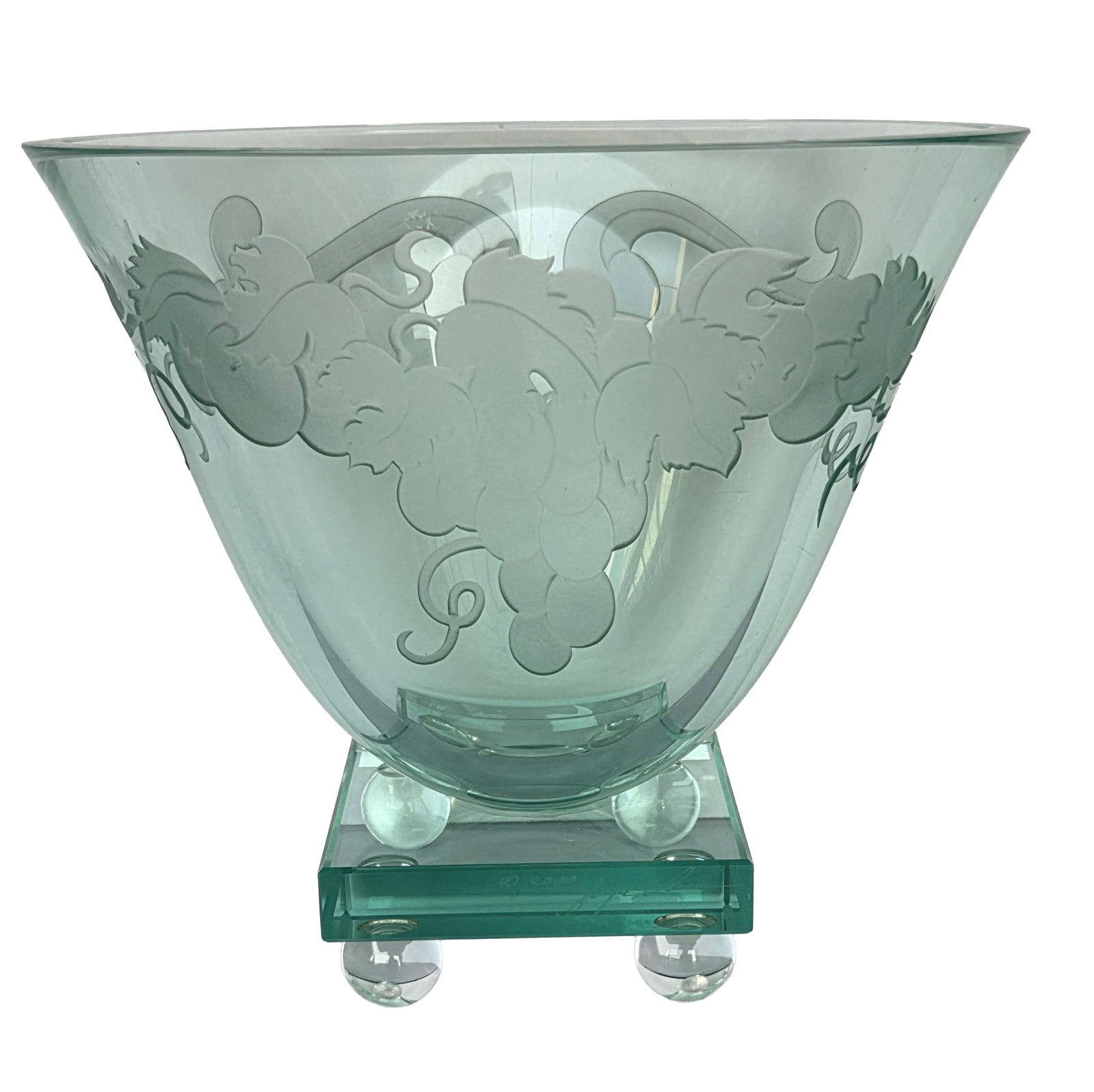 Grapevine Etched Frosted Glass Bowl Vase 8 inches Tall: Grapevine Etched Frosted Glass Bowl Vase 8 inches Tall. 9 inches wide, 6 inches front to back. Signed illegibly. Dated 2000.Provenance: Property of a family trust of a Tampa Bay executive with ties to