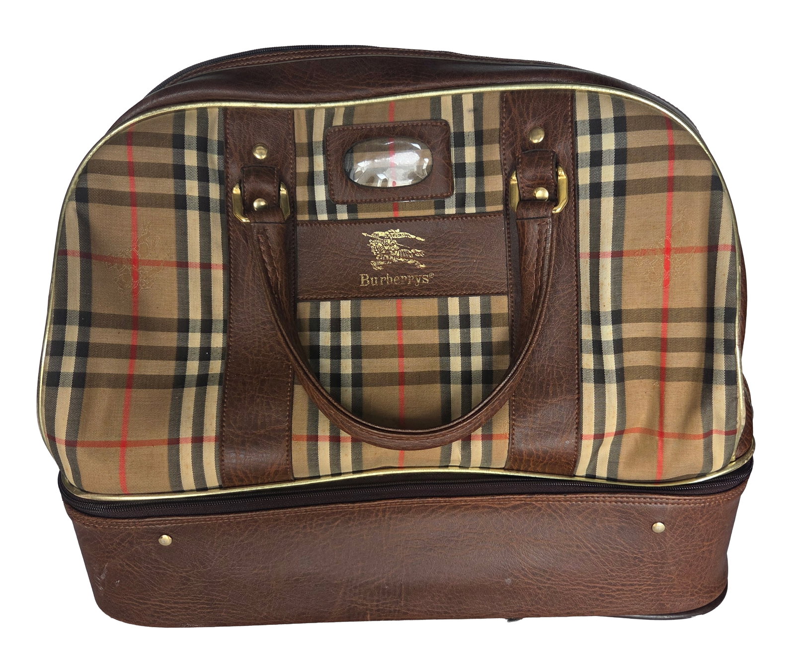 Genuine Burberry Boston Nova Check Pattern Travel Tote Bag: Genuine Burberry Boston Nova Check Pattern Travel Tote Bag. Measures approximately 18 inches wide, 11 inches front to back and 15 inches tall not including handles. Provenance: Property of a family tr
