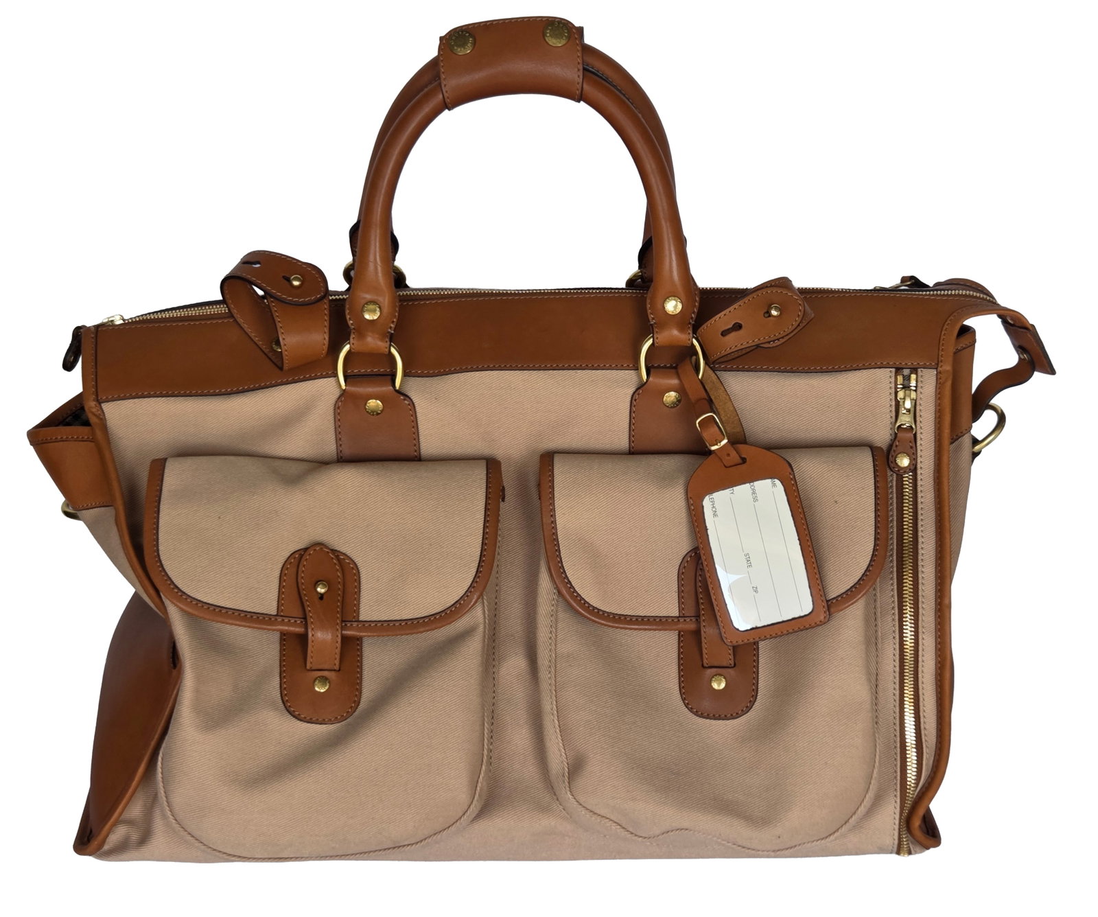 Original Ghurka Express No 2 Tote Bag Khaki Twill Handmade Leather: Original Ghurka Express No 2 Tote Bag Khaki Twill Handmade Leather. 19.5 inches wide, 12 inches tall, 9.5 inches front to back. Registered bag No AH37. Provenance: Property of a family trust of a Tamp