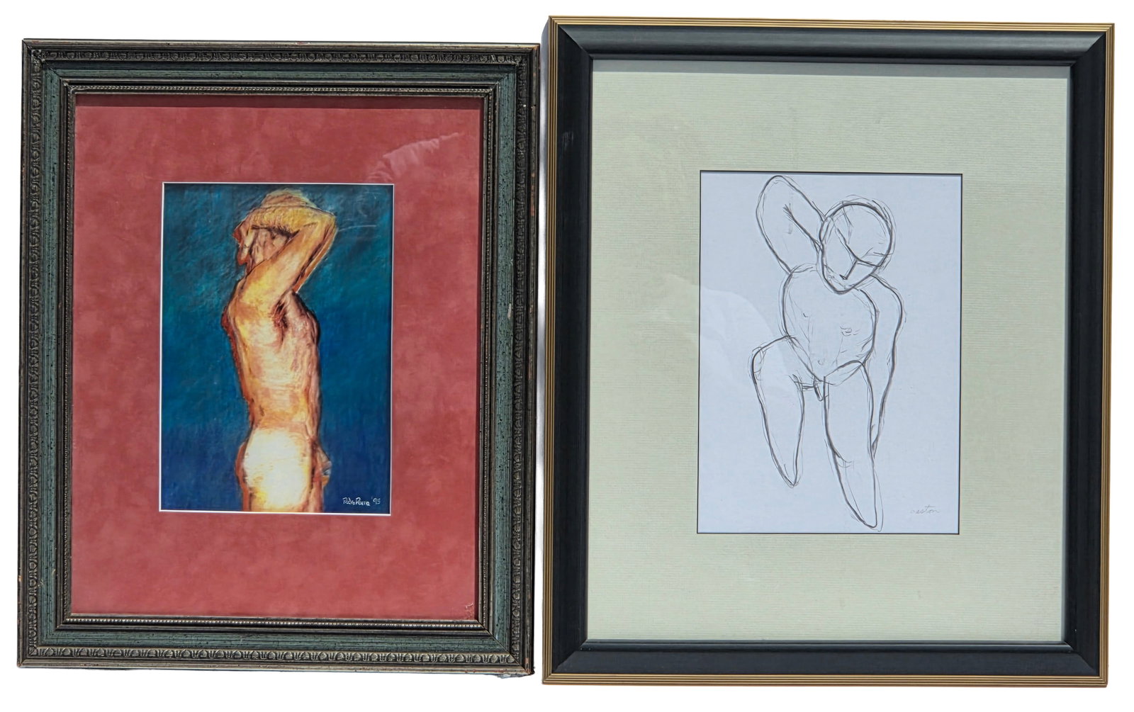 Lot 2 Dennis Gaston Male Nude Drawing Plus An Illegibly Signed Male Nude Oil Sketch: Lot 2 Dennis Gaston Male Nude Drawing Plus An Illegibly Signed Male Nude Oil Sketch. PLEASE SEE SHIPPING BELOW. Gaston visible site line measures 11 X 8 inches and frame measures 20.5 X 17.5 X 1 inch.