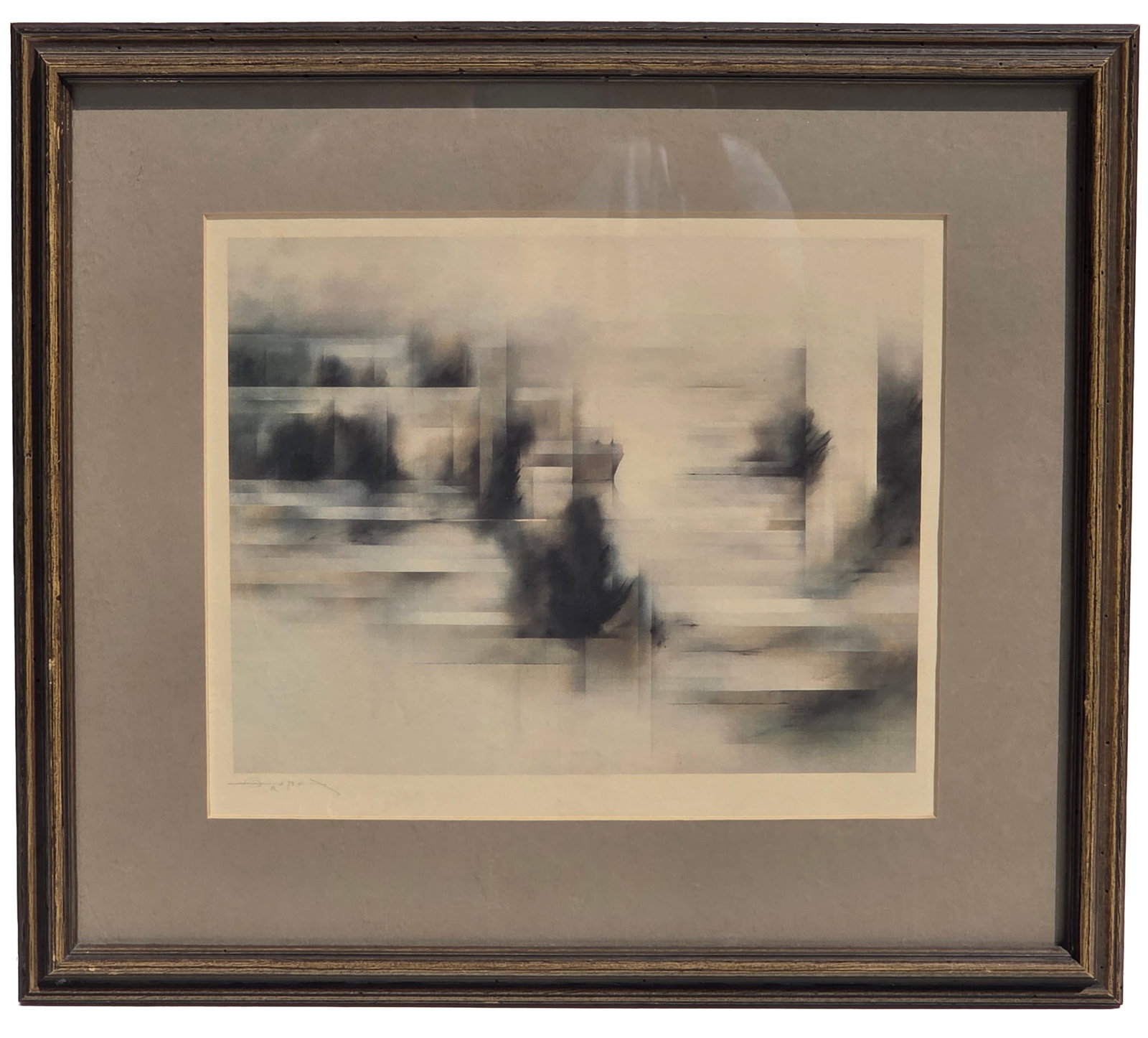 Abstract Geometric Landscape Print Illegible Pencil Signature 8.5 X 11 inches Image: Abstract Geometric Landscape Print Illegible Pencil Signature 8.5 X 11 inches Image. PLEASE SEE SHIPPING BELOW. Frame measures 15.5 X 17.75 X 1 inch. Signed illegibly lower left.Provenance: Property o
