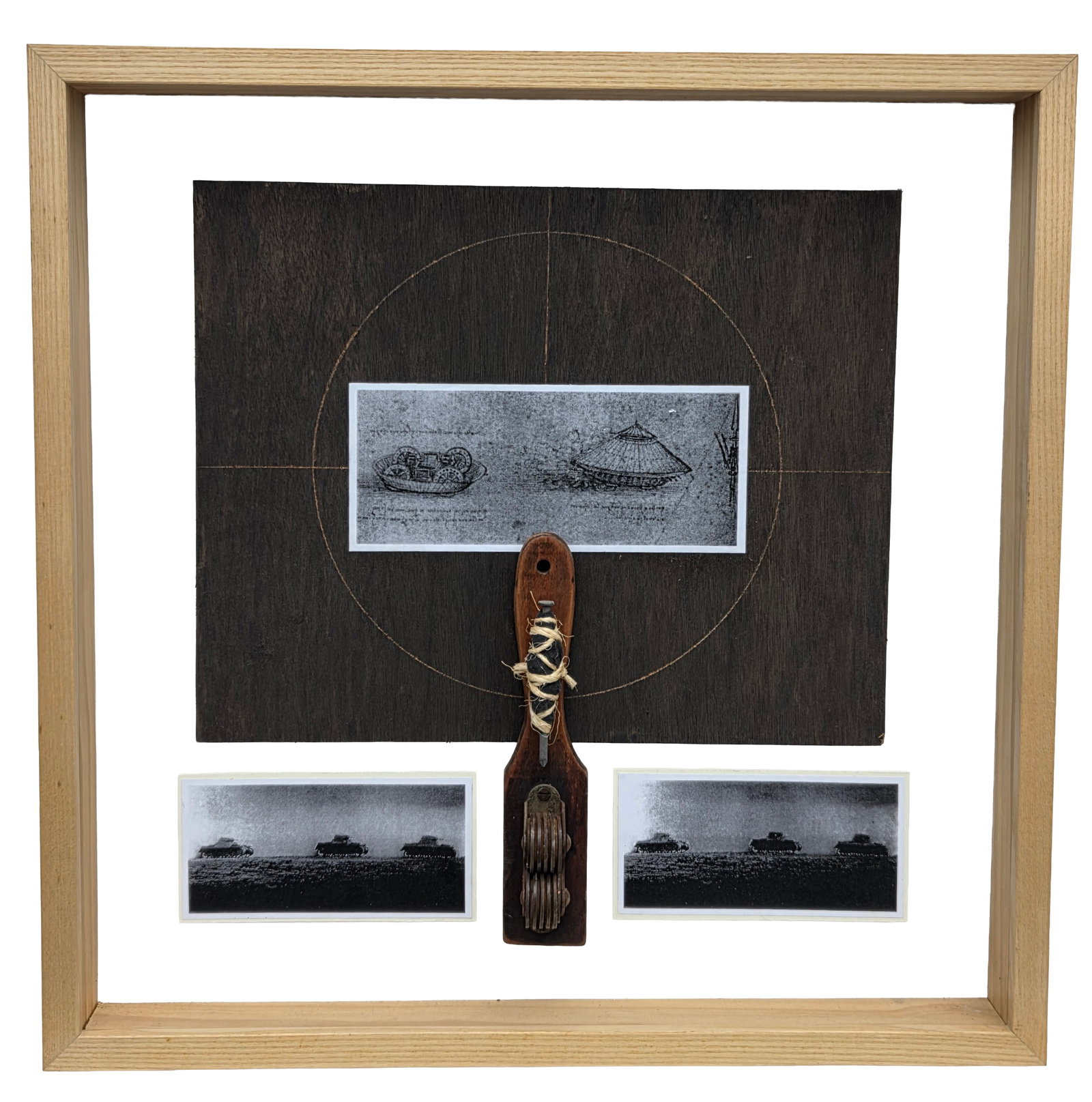 Ummarid Eitharing Signed Tank Mixed Media Collage 20 X 20 X 2.25 inches: Ummarid Eitharing Signed Tank Mixed Media Collage 20 X 20 X 2.25 inches. Signed and labeled verso.Provenance: Property of a family trust of a Tampa Bay executive with ties to Chicago who formed a good
