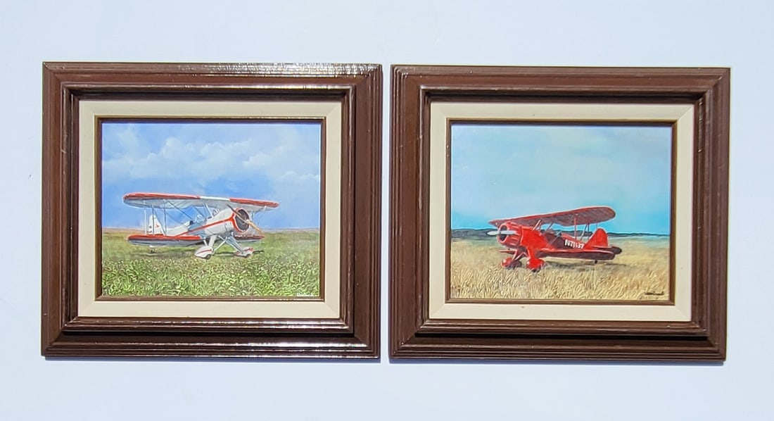 Pair Herbert Weintraub Biplane Aviation Plane Portrait Landscape Paintings 8in x 10in (1 of 4)