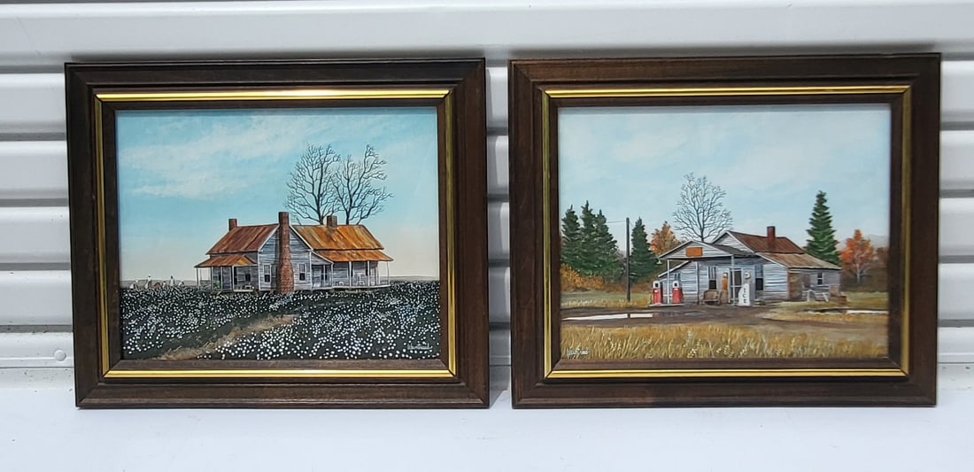 Pair Herbert Weintraub African Americans Picking Cotton Plus Gas Station Paintings: Pair Herbert Weintraub African Americans Picking Cotton Plus Gas Station Paintings. One of 4 Weintraub lots in this sale, both watercolor heightened with gouache, both signed, cotton field lower right