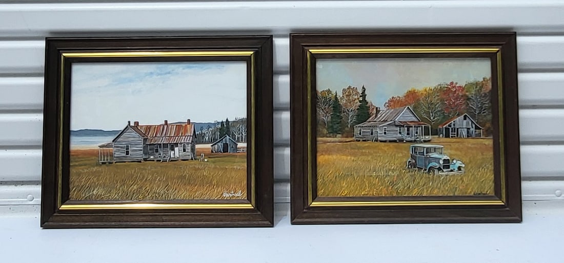 Pair Herbert Weintraub Rural Americana Landscapes Classic Car And Marsh Paintings: Pair Herbert Weintraub Rural Americana Landscapes Classic Car And Marsh Paintings. One of 4 Weintraub lots in this sale, both watercolor heightened with gouache, both signed lower right, both framed i