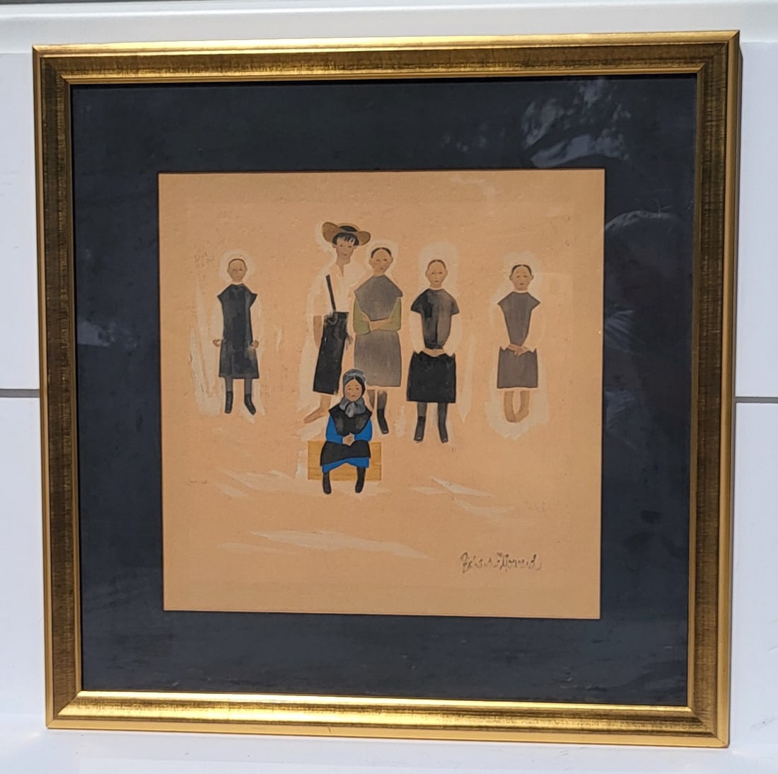 Richard Howard Amish Family Portrait Watercolor Gouache Painting 15.375 X 15.5 Inches Sight: Richard Howard Amish Family Portrait Watercolor Gouache Painting 15.375 X 15.5 Inches Sight, 24.3 X 24.3 X 1 inch framed, signed lower right, goldtone frame molding. See condition report including for