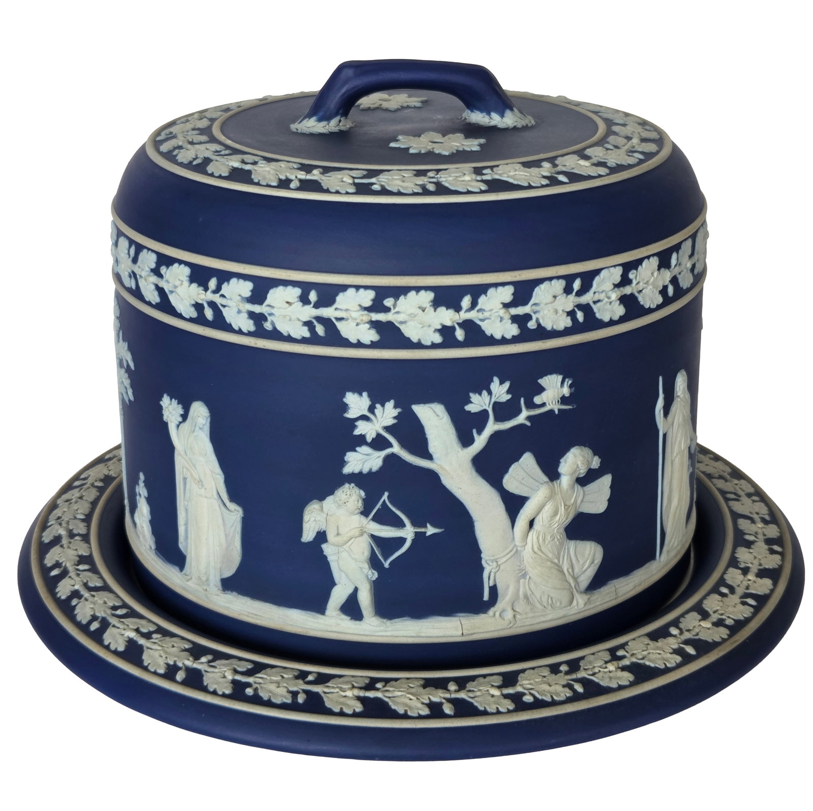 Wedgwood England Blue Jasperware Large Cake Plate with Lid: Wedgwood England Blue Jasperware Large Cake Plate with Lid. 8.25 inches tall including lid. 11.5 inch plate diameter. 7.5 inch lid diameter. Signed plate underside.Provenance: Property of a family tru