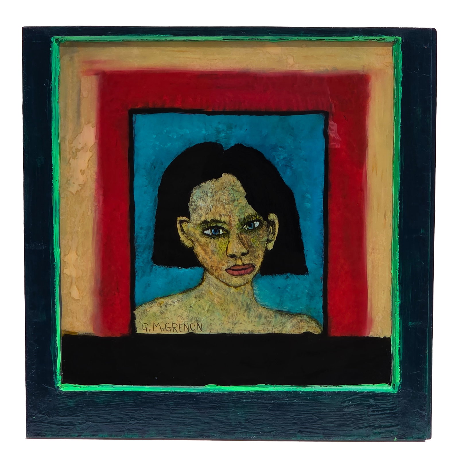 Gregory Grenon Signed Reverse Oil Painting Portrait on Glass They call Me Lula Laura Russo Gallery: Gregory Grenon Signed Reverse Oil Painting Portrait on Glass They call Me Lula Laura Russo Gallery Label 21 X 21 inches Site Line. PLEASE SEE SHIPPING BELOW. Frame measures 25 X 25 X 1 inches. Signed 