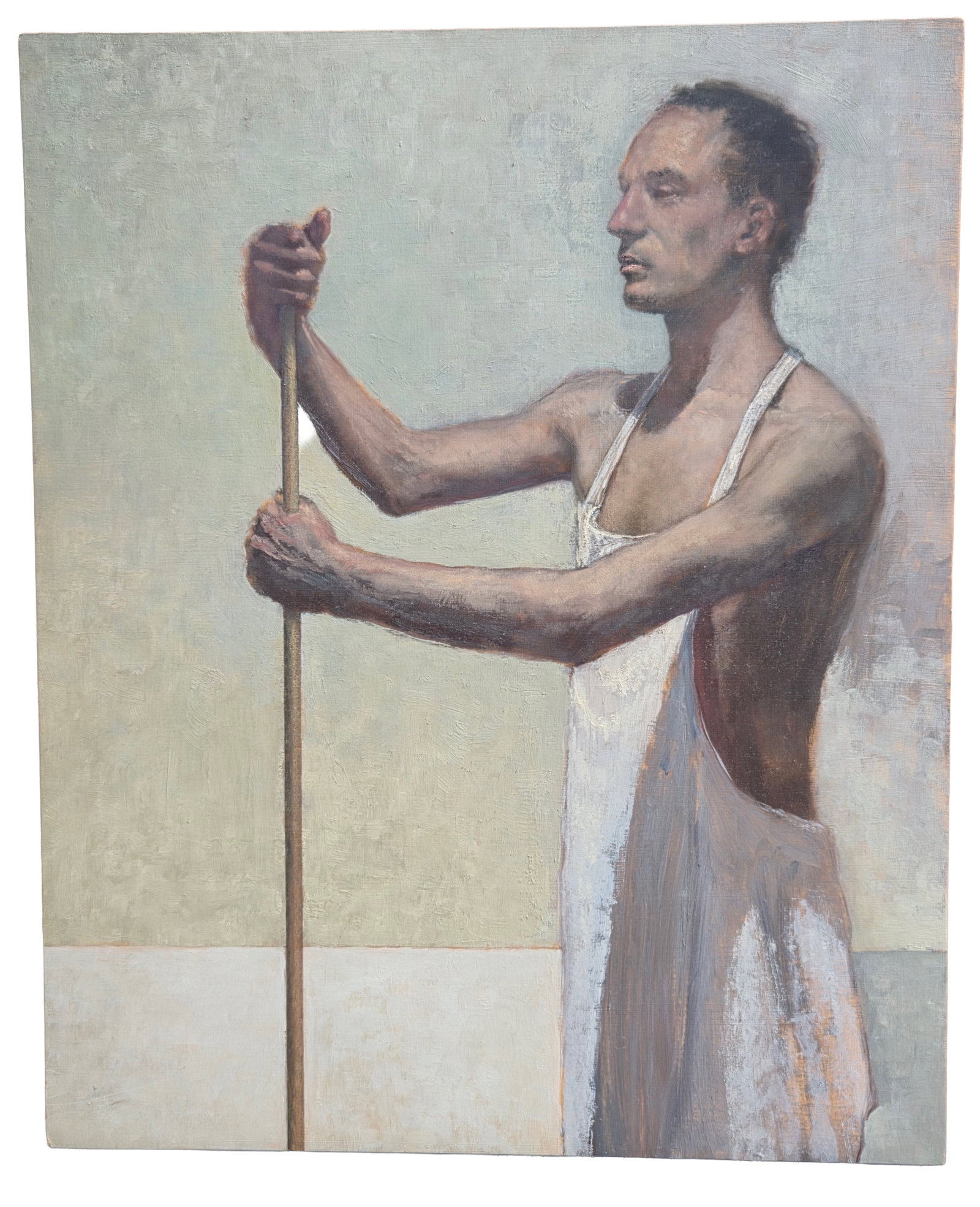 Forrest Williams Male Figure with Apron 1999 Oil Painting on Panel 24 X 19.5 inches: Forrest Williams Male Figure with Apron 1999 Oil Painting on Plywood Panel 24 X 19.5 X 0.75 inches. PLEASE SEE SHIPPING BELOW. Artists name and date 4/99 inscribed panel verso.Provenance: Property of 